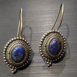 Genuine Semi Precious Stone LAPIS LAZULI Silver Antiqued Pierced Earrings